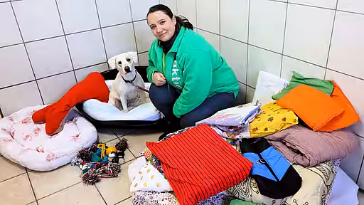 Michaela Gebhard und Hündin Romy begutachten die Spenden