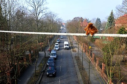 Plüschhörnchen auf dem über den Müggeldamm in Berlin gespannten Seil. Plüschhörnchen auf dem über den Müggeldamm in Berlin gespannten Seil.