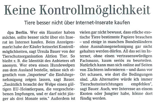 Siegener Zeitung - Tiere besser nicht über Internetinserate kaufen