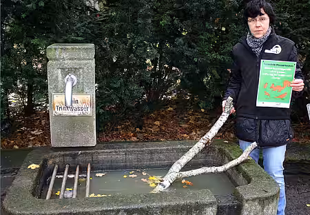 Tanya Lenn legt einen dicken Ast als Ausstiegshilfe in das Wasserbecken.