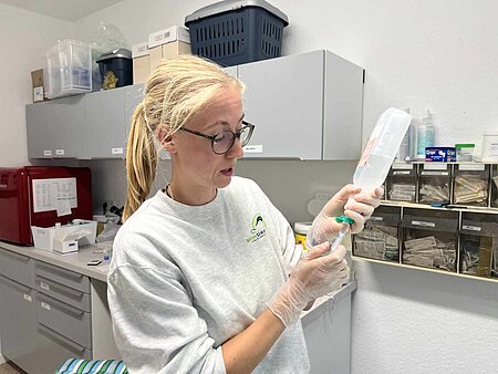 Tierärztin Karolin Schütte bereitete aufgewärmte Flüssigkeit vor, um eine weitere Dehydrierung zu vermeiden.