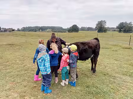 Kinder der KITA Vietlübbe begrüßen Kälbchen Pauli.