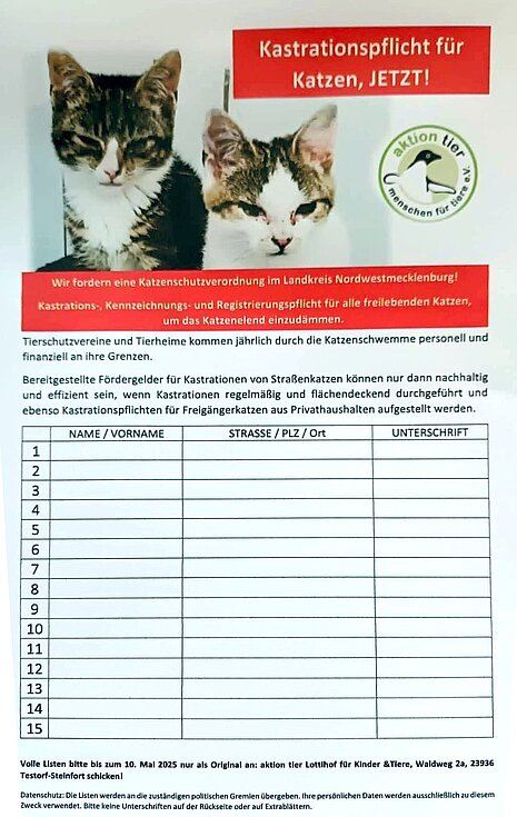 Unterschriftenliste Katzenschutzverordnung