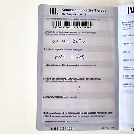 Heimtierpass: Kennzeichnung des Tieres
