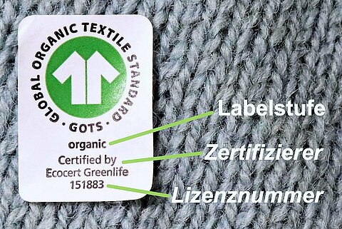 Wir empfehlen die GOTS-Labelstufe `organic` (für bio), da Produkte mit dieser Auszeichnung zu mindestens 95% aus kontrolliert biologischer Tierhaltung stammen müssen.