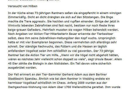 SZ | 24. April 2011 | "Meißner retten 24 Zebrafinken das Leben"