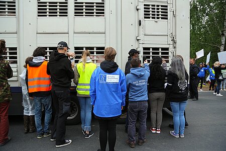 Vor den Schlachthof-Toren: Aktivisten verabschieden sich von den Schweinen.