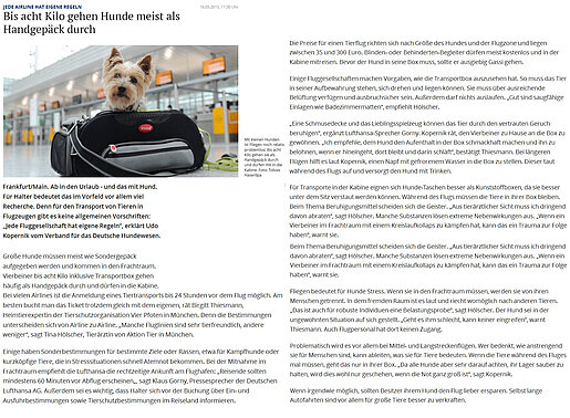 Neue Osnabrücker Zeitung: Bis acht Kilo gehen Hunde meist als Handgepäck durch