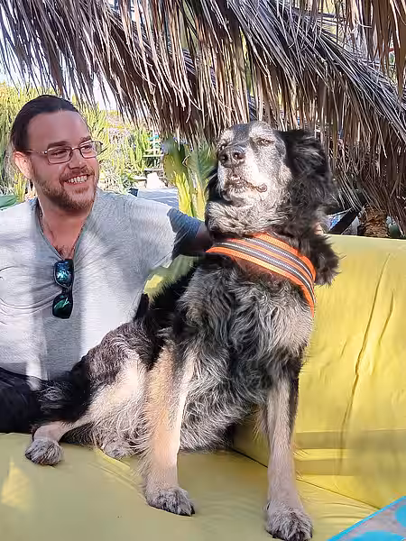 Jonas gönnt sich bei der Wärme eine Auszeit mit „July“ auf dem Sofa unter Palmen.