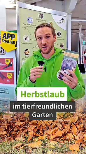 Ein Mann im grünen Pullover redet in ein Mikrofon, dazu Herbstblätter und der Text "Herbstlaub im tierfreundlichen Garten"