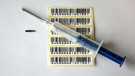 Mikrochip, Kanüle und Kennummern.