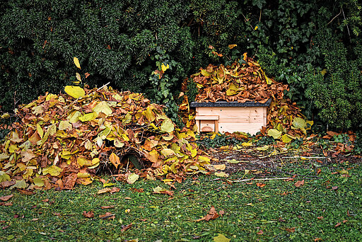 Ein Laubhaufen in einem Garten und daneben ein Igelhaus aus Holz.